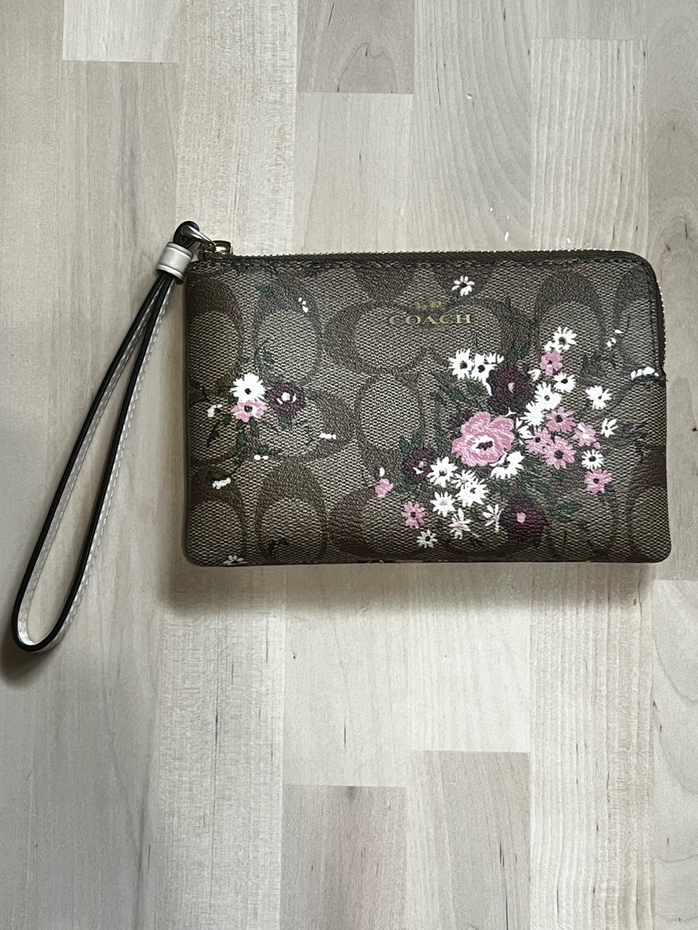 Coach Brown Signature Floral Zip Wristlet with Pink Flowers